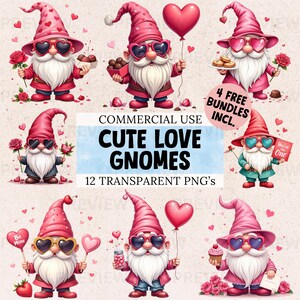 Valentine&#39;s Day Gnome Clipart: Watercolor Love Gnomes (PNG, Commercial Use)
