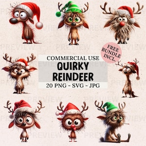 Set di clipart di renne stravaganti ad acquerello, 20 renne divertenti in PNG SVG JPG, renne di Natale, design di diario spazzatura, pacchetto di sublimazione