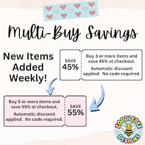 May include: A promotional graphic with the text "Multi-Buy Savings" and "New Items Added Weekly!" Two coupons offer savings: buy 3+ items, save 45%, and buy 5+ items, save 55%. The Zoodlebee Designs logo is in the bottom right.