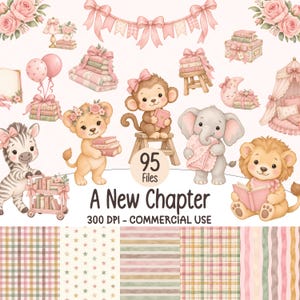 Pode incluir: Uma coleção digital de ilustrações com uma zebra, leão, macaco e elefante, livros, balões e flores. O texto diz 95 Files, A New Chapter, 300 DPI - COMMERCIAL USE, com fundos estampados.