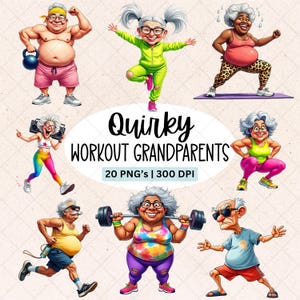 Könnte beinhalten: Eine digitale Illustration mit Cartoon-Bildern von älteren Menschen beim Training. Der Text "Quirky Workout Grandparents" wird angezeigt. Das Bild zeigt verschiedene Fitnessaktivitäten wie Gewichtheben und Laufen in einem farbenfrohen Stil.