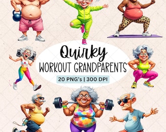 Funny Workout Grandparents Clipart: Senior Fitness PNG Bundle (Digital Download, Commercial Use)