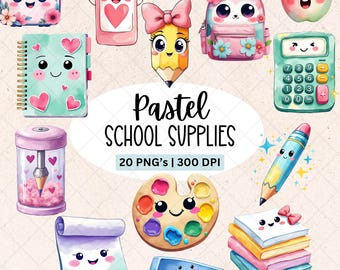 Paquete de imágenes prediseñadas escolares en colores pastel, útiles escolares kawaii PNG, lindos gráficos para el aula, descarga digital instantánea, paquete para uso comercial
