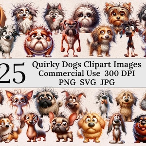 Paquete de imágenes prediseñadas de perros extravagantes, 25 imágenes de perros divertidos de dibujos animados en PNG SVG JPG, uso comercial, diseño de cachorro caprichoso, ilustraciones de perros divertidos