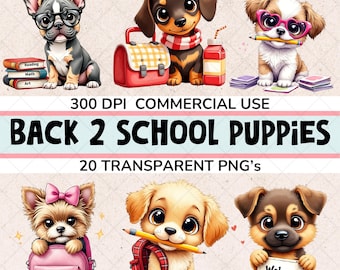 Back to School Puppy Clipart, Cute Dog PNG Bundle, Teacher Classroom Graphics, Instant Digital Download, Commercial Use