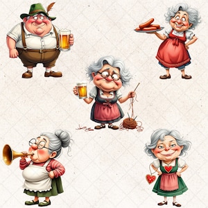 May include: A collection of cartoon illustrations featuring characters in traditional German attire. One figure holds a beer stein, another a tray of sausages, and others are knitting, playing a horn, and holding a heart-shaped ornament. The characters have rosy cheeks and are smiling.