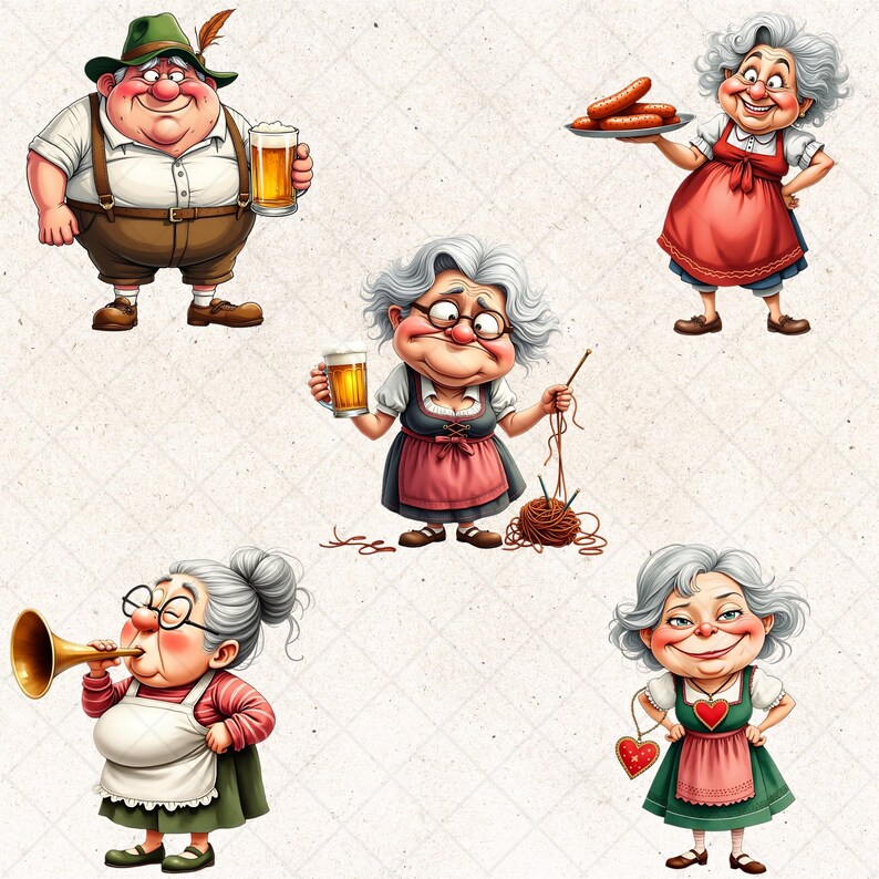 May include: A collection of cartoon illustrations featuring characters in traditional German attire. One figure holds a beer stein, another a tray of sausages, and others are knitting, playing a horn, and holding a heart-shaped ornament. The characters have rosy cheeks and are smiling.