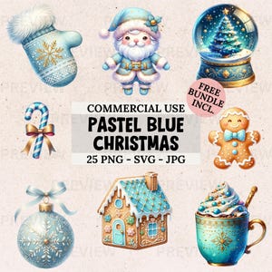 Zestaw pastelowych niebieskich świątecznych clipartów, 25 akwarelowych zimowych obrazów w formacie PNG SVG JPG, dekoracje świąteczne, świąteczne cliparty, natychmiastowe pobieranie