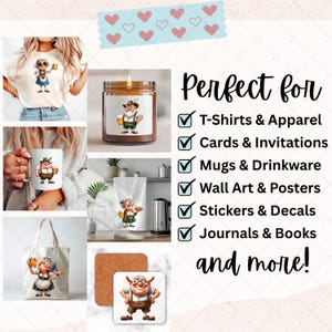 May include: A collection of products featuring a cartoon character holding a beer stein. Items include a t-shirt, candle, mug, tea towel, tote bag, and coasters. The text "Perfect for" is displayed with checkmarks next to product categories.