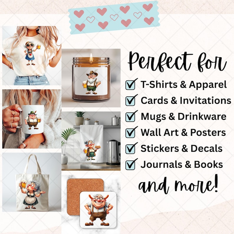 May include: A collection of products featuring a cartoon character holding a beer stein. Items include a t-shirt, candle, mug, tea towel, tote bag, and coasters. The text "Perfect for" is displayed with checkmarks next to product categories.