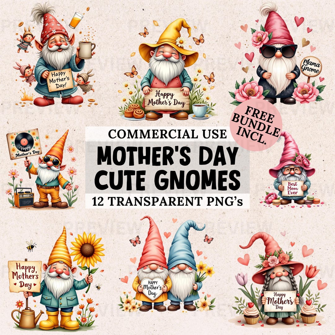Mother’s Day Gnome PNG Clipart Bundle, 12 Cute Cartoon Gnomes With ...