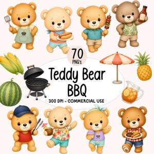 May include: A collection of digital illustrations featuring teddy bears at a barbecue, including a black charcoal grill, corn, watermelon, a pineapple, a patio umbrella, and a pitcher of iced tea, with the text 70 PNG's Teddy Bear BBQ 300 DPI.