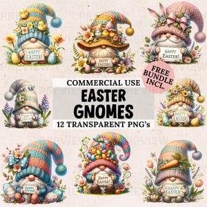 Cute Easter Gnomes Clipart Bundle, Watercolor Spring Gnome PNG, Whimsical Easter Egg Clipart, Digital Sublimation Easter Design