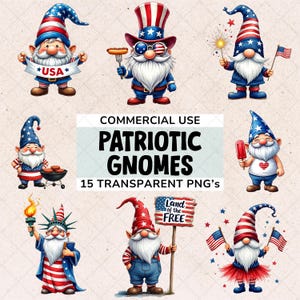Fourth of July Gnome Clipart: Patriotic PNG Digital Art (Commercial Use)