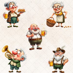 May include: A collection of cartoon illustrations depicting elderly people in traditional German attire. The characters are holding beer steins, food, and musical instruments, with a festive and cheerful theme. The color palette includes browns, greens, and yellows.