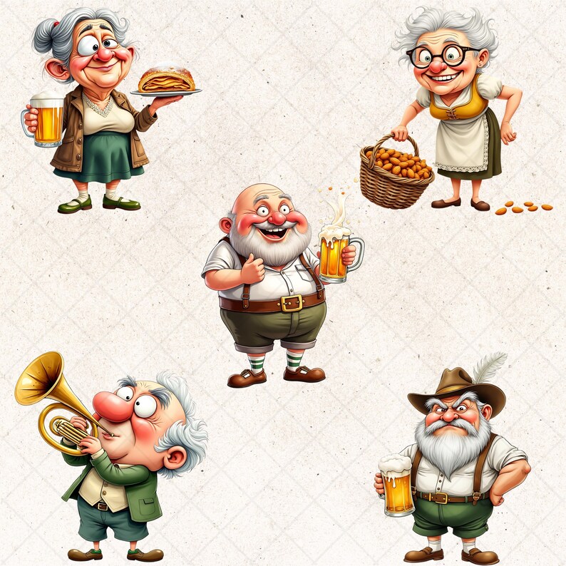 May include: A collection of cartoon illustrations depicting elderly people in traditional German attire. The characters are holding beer steins, food, and musical instruments, with a festive and cheerful theme. The color palette includes browns, greens, and yellows.