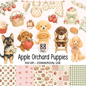Puede incluir: Una colección digital de 88 imágenes PNG titulada Apple Orchard Puppies, que presenta ilustraciones de cachorros, manzanas, cestas, pasteles y fondos estampados con corazones, huellas de patas y cuadros vichy.