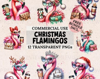 Christmas Flamingo Clipart: 12 Holiday PNG Images (Commercial Use)