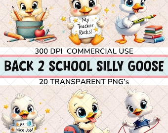 Può includere: Grafica digitale con sei oche dei cartoni animati in varie pose scolastiche. Un'oca tiene in mano un cartello con scritto "My Teacher Rocks!", un'altra mostra uno striscione con "A+ Nice Job! Gold Star". È presente anche il testo "BACK 2 SCHOOL SILLY GOOSE".