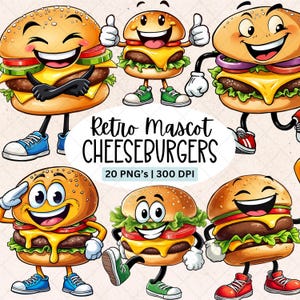 Może przedstawiać: Kolekcja kreskówkowych cheeseburgerów z uśmiechniętymi twarzami, ramionami i nogami. Burgery mają różne dodatki, w tym sałatę, pomidory i ser. Obraz zawiera tekst "Retro Mascot Cheeseburgers".