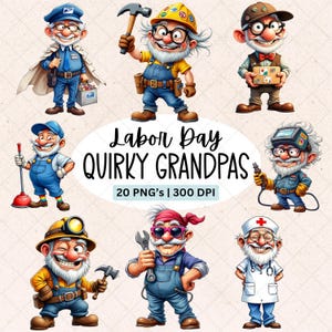 Puede incluir: Ilustración digital de abuelos de dibujos animados en varias profesiones, incluyendo un cartero, un carpintero y un médico. La imagen incluye el texto "Labor Day Quirky Grandpas" y detalles sobre los archivos PNG.