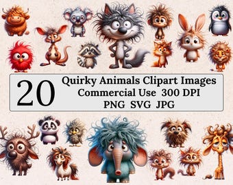 20 Quirky Animals Clipart Bundle, Funny Animals PNG JPG SVG, Silly Animal Illustrations, Commercial Use, Whimsical Graphics, Cute Deer