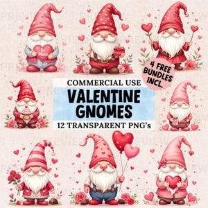 Cute Valentine Gnome Clipart Set, Love Gnome PNG, Watercolor Gnome Digital Download, Gnome Art for Sublimation Designs, Commercial Use