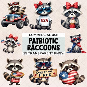4 juillet raton laveur Clipart, fête de l'indépendance PNG animal, clipart patriotique, téléchargement numérique instantané, usage Commercial