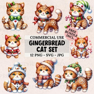 Niedliche Lebkuchen Katze Clipart Bundle, 12 Aquarell Lebkuchen Bilder in PNG SVG JPG, Weihnachtskätzchen Sublimation Design Sofortiger Download