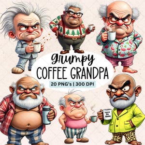Può includere: Illustrazione digitale con sei nonni dei cartoni animati scontrosi, ognuno con una tazza di caffè. L'immagine include il testo "Grumpy Coffee Grandpa" e "20 PNG's | 300 DPI". I nonni indossano pigiami e maglioni.