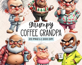 Grumpy Grandpa Clipart Set, Coffee Lover PNG, Funny Old Man Graphics, Instant Digital Download, Commercial Use