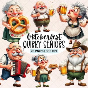 May include: A digital illustration of cartoon seniors celebrating Oktoberfest. The image includes characters holding pretzels, beer steins, and an accordion. Text reads "Oktoberfest Quirky Seniors" and "20 PNG's | 300 DPI".