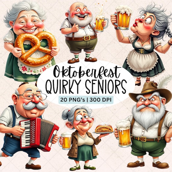 Quirky Old People Oktoberfest Clipart Set, Grumpy Bavarian Senior PNG Sublimation Bundle, Digital Download, Commercial Use
