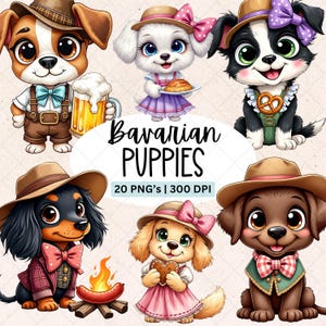 May include: A digital illustration featuring six cartoon puppies dressed in Bavarian attire. The puppies wear hats, bow ties, and traditional clothing. The image includes the text "Bavarian Puppies" and "20 PNG's | 300 DPI".