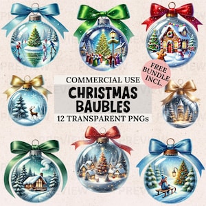 Zestaw clipartów z akwarelowymi bombkami świątecznymi: 12 obrazów PNG z ozdobami (pobieranie cyfrowe)