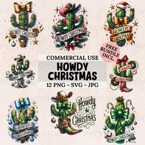 Bonjour, cactus de Noël avec noeud Clipart ensemble, 12 images de cactus coquette noeud au format PNG SVG JPG, Design Western de Noël, téléchargement immédiat