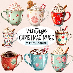 Könnte beinhalten: Eine Sammlung von Vintage-Weihnachtstassen, jede gefüllt mit Schlagsahne und festlichen Toppings. Die Tassen zeigen festliche Designs, darunter Sterne, Schneeflocken und florale Muster. Der Text "Vintage Christmas Mugs" ist zu sehen.