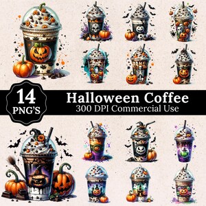 Halloween Coffee Clipart Set, Scary Gothic Watercolor Hot Coffee Drink Clipart Bundle, Spooky Season PNG, Pumpkin Designs Instant Download