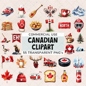 May include: A selection of watercolour Canadian-themed clipart, featuring a maple leaf, flag, and other icons. The text "COMMERCIAL USE CANADIAN CLIPART" is displayed prominently.
