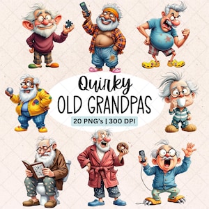 Könnte beinhalten: Eine digitale Illustration mit Cartoon-Bildern von skurrilen alten Großvätern. Die Großväter werden in verschiedenen Posen dargestellt und halten Gegenstände wie ein Telefon, ein Puzzleteil und einen Donut. Der Text "Quirky Old Grandpas" wird in der Mitte angezeigt.