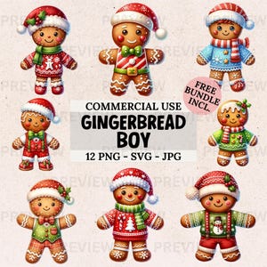 Niedliches Lebkuchen Junge Clipart Bundle, 12 Aquarell Lebkuchen Bilder in PNG SVG JPG, Weihnachten Urlaub Sublimation Design Sofortiger Download
