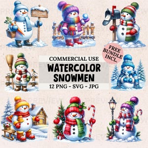 Set di clipart di pupazzo di neve ad acquerello: 12 grafiche invernali (PNG, SVG, JPG)
