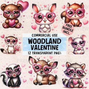 Valentines Woodland Animal PNG Bundle, 12 Cute Baby Animals PNG Images, Watercolor Valentine Clipart, Valentines Day PNG, Instant Download