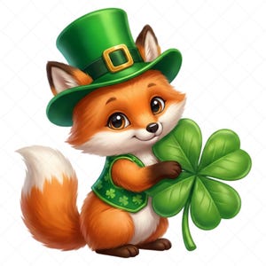 May include: A cartoon fox with orange fur, white chest and tail, wearing a green vest and hat with a gold buckle. The fox is holding a large green four-leaf clover, a symbol of St. Patrick's Day.