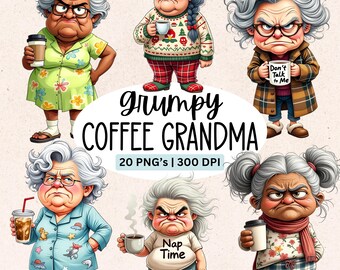 Grumpy Coffee Grandma Clipart Set, Quirky Old Ladies PNG Bundle, 20 Senior Citizen Graphics, Digital Download, Commercial Use