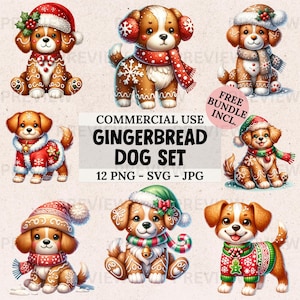 Cute Gingerbread Dog Clipart Bundle, 12 Watercolor Gingerbread Images in PNG SVG JPG, Christmas Puppy Sublimation Design Instant Download
