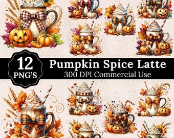 May include: Twelve digital illustrations of pumpkin spice lattes with fall foliage, pumpkins, and cinnamon sticks. The text "Pumpkin Spice Latte" and "300 DPI Commercial Use" is included in the image.