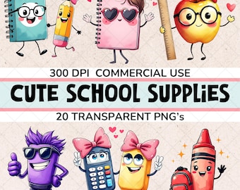 Op de afbeelding: Een digitale illustratie met geanimeerde schoolspullen. De afbeelding bevat een notitieboek, potlood, notitieboek, appel, rekenmachine en kleurpotlood, allemaal met cartoongezichten. De tekst "CUTE SCHOOL SUPPLIES" en "20 TRANSPARENT PNG's" is ook aanwezig.