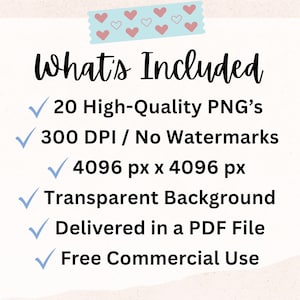 May include: A digital art graphic with the text "What's Included" and a list of features: 20 High-Quality PNG's, 300 DPI, 4096 px x 4096 px, Transparent Background, Delivered in a PDF File, and Free Commercial Use.
