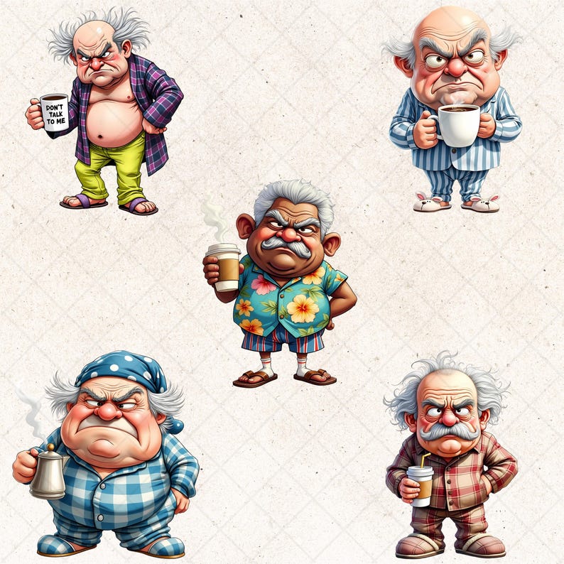 Grumpy Coffee Grandpa Clipart Set, Quirky Old Men PNG Bundle, 20 Senior ...
